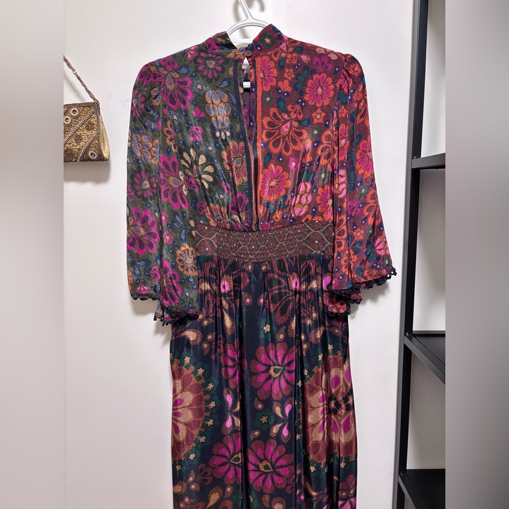 NWT STUNNING Farm Rio x Anthropologie Dress side zipper pockets crochet trim - Picture 6 of 16